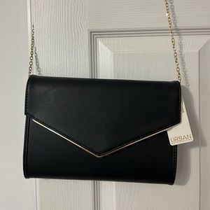 NWT Urban Expressions - vegan leather black envelope clutch w gold trim & chain